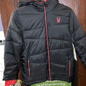 SPYDER BOYS 10/12 PUFFER HOODED JACKET BLAVK W RED